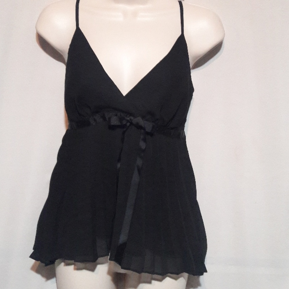 Black Top  S  sheer pleats bow deep V front
